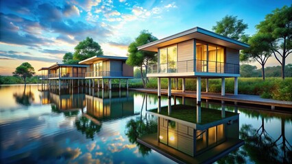 Obraz premium Modern Waterfront Homes, Architectural Design, Lake Houses