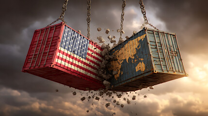 Symbolic Representation Of Trade War And Economic Downfall With Colliding Shipping Containers Against Cloudy Backdrop
