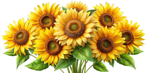 Vibrant and joyful bouquet of sunflowers in full bloom with lush green leaves