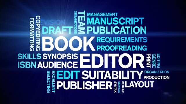 Book Editor animated word cloud;text design animation tag kinetic typography seamless loop.