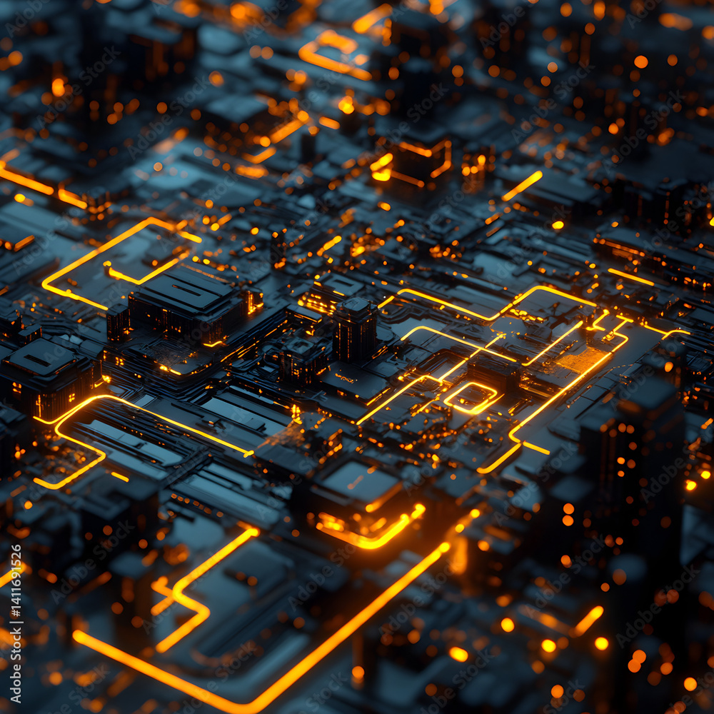 Poster digital matrix: an intricate, futuristic cityscape, showcasing glowing data streams and a network of