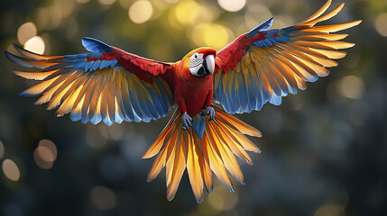 Vibrant parrot soaring with colorful wings in tropical setting