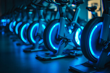 Indoor cycling studio blue light fitness bikes workout exercise spin class