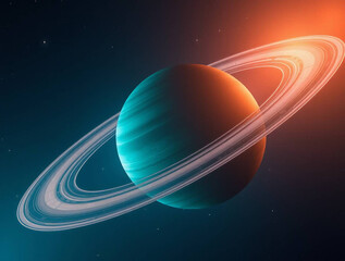 a stylized depiction of a planet with rings, reminiscent of Saturn, set against a deep blue cosmic background