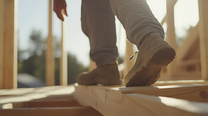 Fototapeta premium Carpenter building a wooden frame for a house. Featuring craftsmanship and focus