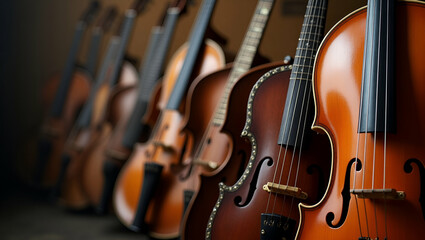 Naklejka premium Develop an artistic song contest musical instruments visual that highlights iconic instruments refined craftsmanship and vibrant tonal details to celebrate musical heritage and performance quality. in