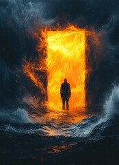Surreal Scene of a Fiery Doorway Amidst Rough Ocean Waves