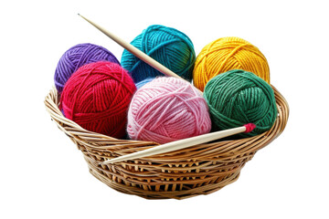 Colorful yarn balls and knitting needles nestled in a woven basket, inviting creative crafting moments at any time isolated on transparent background