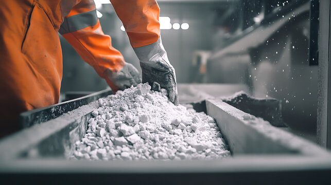 Laborer unloading lithium ore from a mining truck for processing. Featuring unloading operations