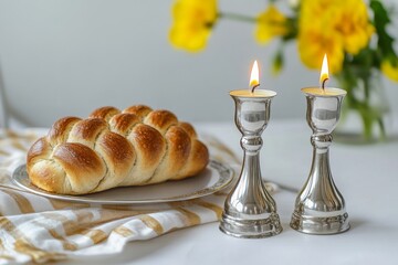 Holiday bread and candles.  A braided challah loaf sits on a plate with two lit candles in silver holders.  A yellow flower arrangement is subtly in the background