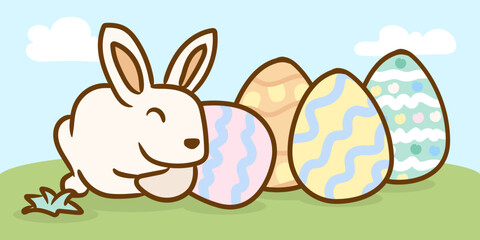 Obraz premium Colorful Easter Eggs in Grass with Cartoon Rabbit