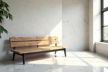 Wooden bench against marble, bright hall with large window , light, bright space