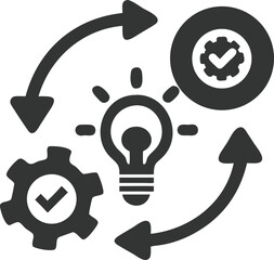 Icon With Idea Lightbulb, Gear Circle and Arrows Loop in Flat Gray Design Style