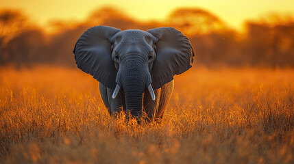 Obraz premium Elephant in golden landscape at sunset, serene and majestic