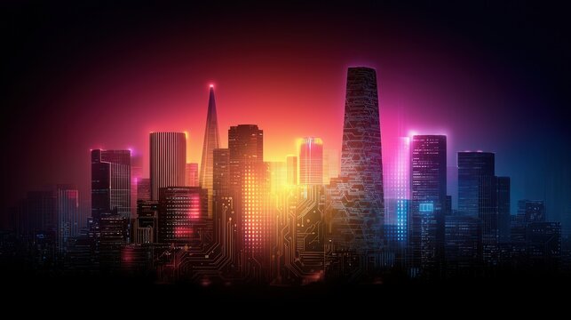 Neon cityscape skyline at night with futuristic circuit overlay - Powered by Adobe