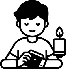 Obraz premium person is sitting at table, holding smartphone with candle nearby, creating cozy atmosphere. illustration is simple and monochrome, conveying sense of relaxation and focus