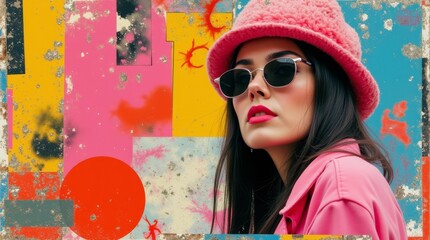 Retro futuristic poster with 80s and 90s high fashion aesthetic. Grunge noise Creative Mixed media collage. Stylish vintage backdrop, grunge graphic design style.