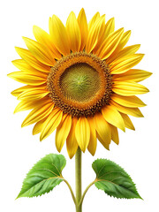 Obraz premium Vibrant Sunflower Head with Yellow Petals and Green Leaves on Trensprent Background png