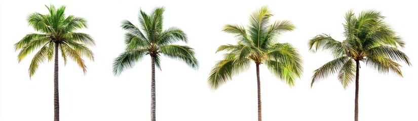Four Vibrant Coconut Palms Against a White Background