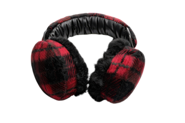 Cozy winter earmuffs in a vibrant plaid pattern, perfect for chilly days spent outdoors enjoying snow and festivities isolated on transparent background