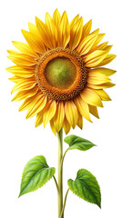 Obraz premium A digitally rendered bright yellow sunflower with green leaves on a Trensprent Background png