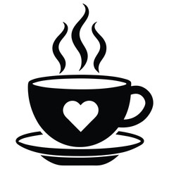 A modern teacup icon with heart shaped steam pattern symbolizing love and warmth