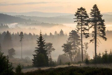 A serene and misty forest landscape with tall trees silhouetted against a soft, diffused light filtering through the fog. Emphasize the depth of field and the tranquil, mysterious atmosphere of nature