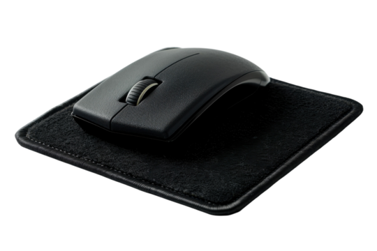 A sleek black computer mouse resting on a textured mouse pad against a clean white backdrop in a minimalist workspace isolated on transparent background