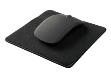 A sleek black computer mouse resting on a textured mouse pad, highlighting modern design and functionality in a minimalist workspace isolated on transparent background