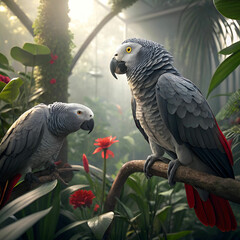 Obraz premium African grey parrots in a jungle aviary, an ultra-detailed scene with lush foliage, natural perches, and the parrots interacting in their vibrant habitat.