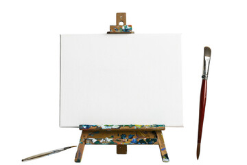 An empty canvas awaits inspiration in a bright, artist's studio filled with colorful paint splatters and a large, soft brush positioned nearby isolated on transparent background