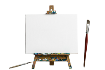 An empty canvas awaits inspiration in a bright, artist's studio filled with colorful paint splatters and a large, soft brush positioned nearby isolated on transparent background