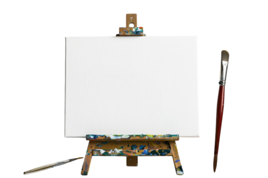 An empty canvas awaits inspiration in a bright, artist's studio filled with colorful paint splatters and a large, soft brush positioned nearby isolated on transparent background