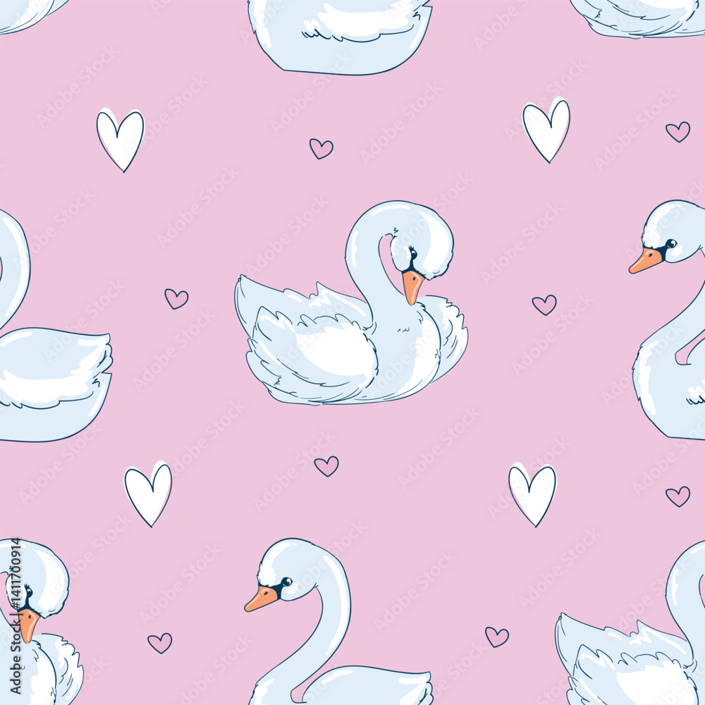 Fototapete swan and hearts vector pattern, seamless background beautiful with swan design fabric print
