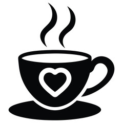 A modern teacup icon with heart shaped steam pattern symbolizing love and warmth