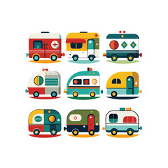 A set of transport icons includes various cars and car icons