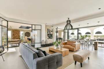 A stylish modern interior showcases an open layout with a mix of comfortable seating, decorative...