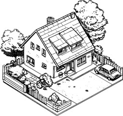 Isometric view of Retirement home coloring book style, Retirement home vector graphic