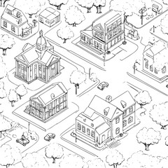 Obraz premium Isometric view of School coloring book style, School vector graphic