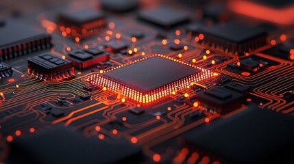 Fototapeta premium Illuminated CPU on circuit board; glowing components; technological background