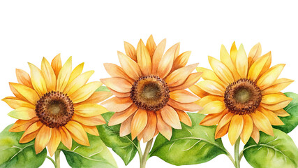 Naklejka premium Watercolor sunflowers in a row with leaves on a Trensprent Background png