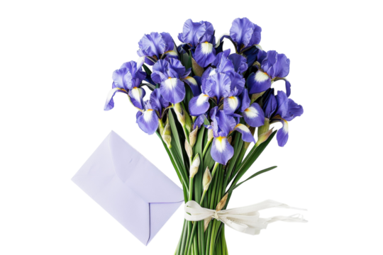 A vibrant bouquet of purple irises paired with a delicate lavender envelope on a light background, perfect for conveying heartfelt messages isolated on transparent background