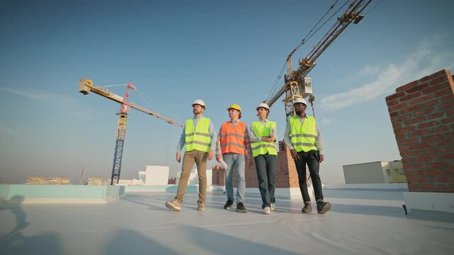 Team of multiethnic architects inspecting rooftop, discussing structure, pointing at cranes on site under clear sky. Men and woman engineers reviewing construction, walking rooftop on sunny day.