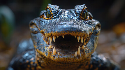 Obraz premium Close up of crocodile with jaws open, exposing sharp teeth