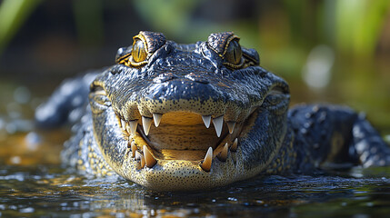 Obraz premium Crocodile with open jaws showing sharp teeth in water