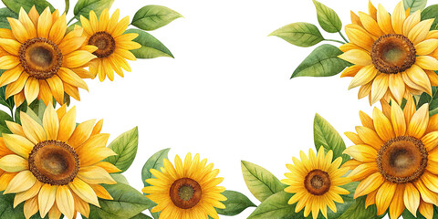 Watercolor sunflowers and green leaves beautifully framing a clean Trensprent Background png