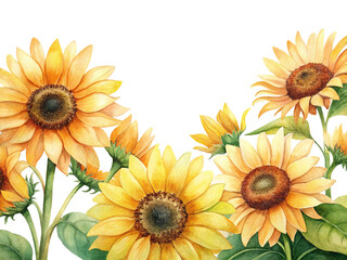 Obraz premium Watercolor sunflowers with green leaves forming a vibrant and cheerful composition