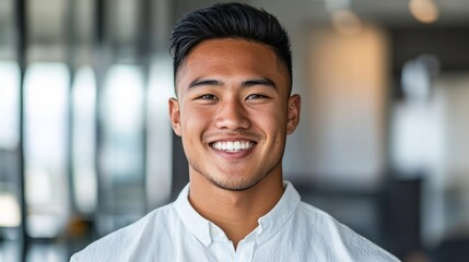Obraz premium Young man smiling confidently in professional attire, conveying success and self-assurance in a modern workplace. 