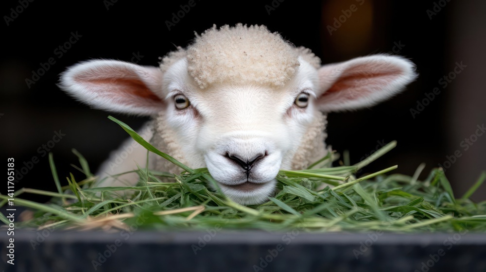 Poster a close-up shot showcases a lamb with a fluffy white coat, peering over a pile of vibrant green gras
