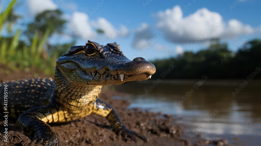 Poster a close-up captures a caiman on the muddy bank of a river, with its textured dark scales highlighted